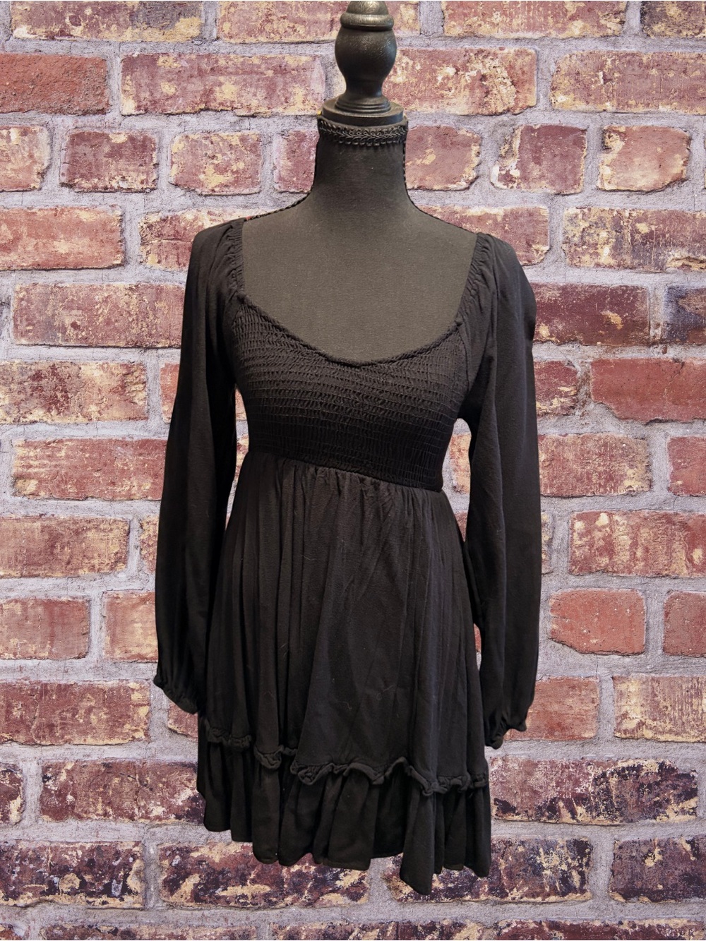 Altar'd State Black Long-Sleeve Smocked Bodice Ruffle-Hem Dress